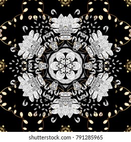 Abstract wallpaper, wrapping decoration. Golden snowflake seamless pattern. Vector golden pattern on black colors with golden element. Winter symbol, Merry Christmas holiday, Happy New Year 2018.