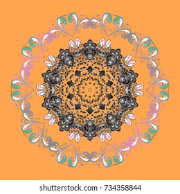 Abstract wallpaper, wrapping decoration. Snowflake simple. Orange, gray and white snow on orange, gray and white colors. Symbol of winter, Merry Christmas holiday, Happy New Year celebration Vector.