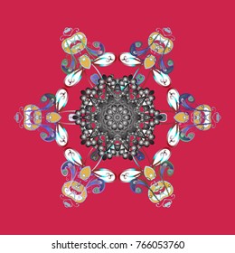 Abstract wallpaper, wrapping decoration. Snowflake simple. Pink, gray and blue snow on pink, gray and blue colors. Symbol of winter, Merry Christmas holiday, Happy New Year celebration Vector sketch.