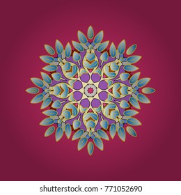 Abstract wallpaper, wrapping decoration. Snowflake simple. Cute snowflake on magenta, blue and yellow colors. Symbol of winter, Merry Christmas holiday, Happy New Year celebration Vector illustration.