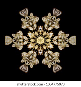 Abstract wallpaper, wrapping decoration. Symbol of winter, Merry Christmas holiday, Happy New Year celebration Vector illustration. Snowflake simple. Cute snowflake on black and yellow colors.