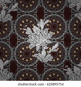 Abstract wallpaper, wrapping decoration. Symbol of winter, Merry Christmas holiday, Happy New Year 2018. Golden snowflake simple pattern. Vector golden pattern on brown background with golden elements