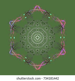 Abstract wallpaper, wrapping decoration. Symbol of winter, Merry Christmas holiday, Happy New Year celebration Vector design. Snowflake simple. Green, gray and pink snow on green, gray and pink colors