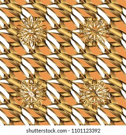 Abstract wallpaper, wrapping decoration. Vector golden pattern on brown, orange, white colors. Symbol of winter, Merry Christmas holiday, Happy New Year 2019. Golden snowflake simple seamless pattern.