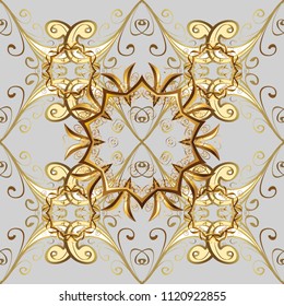 Abstract wallpaper, wrapping decoration. Vector golden pattern on gray, beige, brown colors. Symbol of winter, Merry Christmas holiday, Happy New Year 2019. Golden snowflake simple ornamental pattern.
