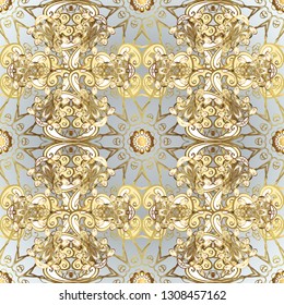 Abstract wallpaper, wrapping decoration. Vector golden pattern on beige and gray colors. Symbol of winter, Merry Christmas holiday, Happy New Year 2019. Golden snowflake simple seamless pattern.