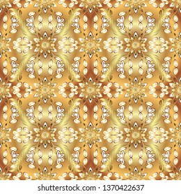 Abstract wallpaper, wrapping decoration. Vector golden pattern on beige and yellow colors. Golden snowflake simple seamless pattern. Symbol of winter, Merry Christmas holiday, Happy New Year 2019.