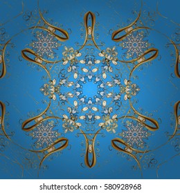 Abstract wallpaper, wrapping decoration. Vector golden pattern on blue background with golden elements. Symbol of winter, Merry Christmas holiday, Happy New Year 2018. Golden snowflake simple pattern.