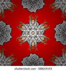 Abstract wallpaper, wrapping decoration. Vector golden pattern on red background with golden element. Winter symbol, Merry Christmas holiday, Happy New Year 2018. Golden snowflake seamless pattern.