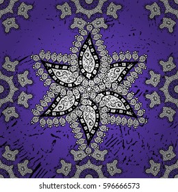 Abstract wallpaper, wrapping decoration. Vector gray pattern on violet background. Symbol of winter, Merry Christmas holiday, Happy New Year 2018. Vintage snowflake simple ornamental pattern.