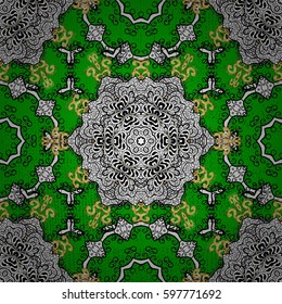 Abstract wallpaper, wrapping decoration. Vector golden pattern on green background with golden elements. Symbol of winter, Merry Christmas holiday, Happy New Year 2018. Golden snowflake simple pattern