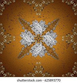 Abstract wallpaper, wrapping decoration. Vector golden pattern, yellow background with golden elements. Symbol of winter, Merry Christmas holiday, Happy New Year 2018. Golden snowflake simple pattern.