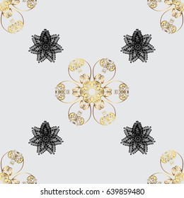 Abstract wallpaper, wrapping decoration. Vector golden pattern on gray background with golden element. Winter symbol, Merry Christmas holiday, Happy New Year 2018. Golden snowflake seamless pattern.