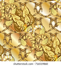 Abstract wallpaper, wrapping decoration. Vector golden pattern on beige, yellow, brown colors. Golden snowflake simple ornamental pattern.