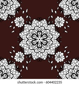 Abstract wallpaper, wrapping decoration. White snowflake simple seamless pattern. Vector white pattern on brown background. Symbol of winter, Merry Christmas holiday, Happy New Year 2018.