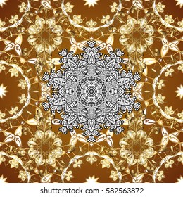 Abstract wallpaper, wrapping decoration. Winter symbol, Merry Christmas holiday, Happy New Year 2018. Golden snowflake seamless pattern. Vector golden pattern on yellow background with golden element.
