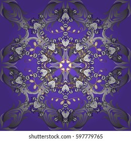 Abstract wallpaper, wrapping decoration. Winter symbol, Merry Christmas holiday, Happy New Year 2018. Golden snowflake seamless pattern. Vector golden pattern on violet background with golden element.
