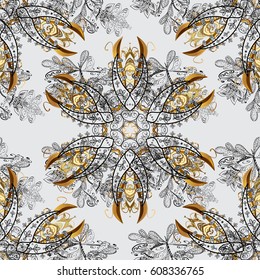 Abstract wallpaper, wrapping decoration. Winter symbol, Merry Christmas holiday, Happy New Year 2018. Golden snowflake seamless pattern. Vector golden pattern on gray background with golden element.