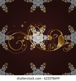 Abstract wallpaper, wrapping decoration. Winter symbol, Merry Christmas holiday, Happy New Year 2018. Golden snowflake seamless pattern. Vector golden pattern on brown background with golden element.