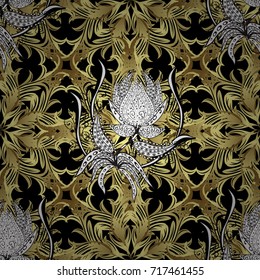 Abstract wallpaper, wrapping decoration. Winter symbol, Merry Christmas holiday, Happy New Year 2018. Golden snowflake seamless pattern. Vector golden pattern on black, yellow colors with gold element