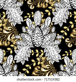 Abstract wallpaper, wrapping decoration. Winter symbol, Merry Christmas holiday, Happy New Year 2018 Vector golden pattern on black, white colors with golden element. Golden snowflake seamless pattern