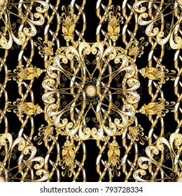 Abstract wallpaper, wrapping decoration. Winter symbol, Merry Christmas holiday, Happy New Year 2018. Golden snowflake seamless pattern. Vector golden pattern on black colors with golden element.