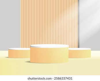 Abstract warm background with cylinder podium for displaying products, 3D white and orange cylindrical pedestal with a curved backdrop and a cavernous wall, Vector illustration
