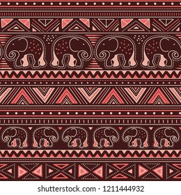 Abstract warm ethno elements & elephants vector pattern, seamless repeat in warm colours. Great for backgrounds, textile design, home decor, scrapbooking, wrapping paper etc.