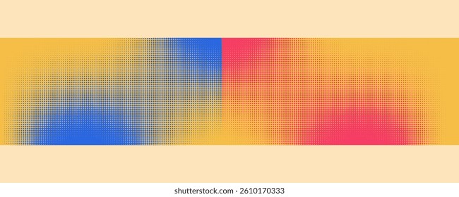 Abstract Warm Gradient Background with Blue and Red Halftone Overlay. Modern digital art with retro smooth color transitions and dotted textures. Perfect for trendy designs, website headers, branding