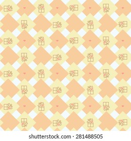 Abstract warm pastel pattern with yellow rhombus and gifts. Vector Illustration.
