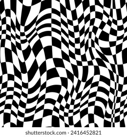 Abstract warped checkered vector seamless pattern. Fashion textile check plaid print in black and white colors. Distorted square grid texture background. Trendy fabric design or wrapping paper