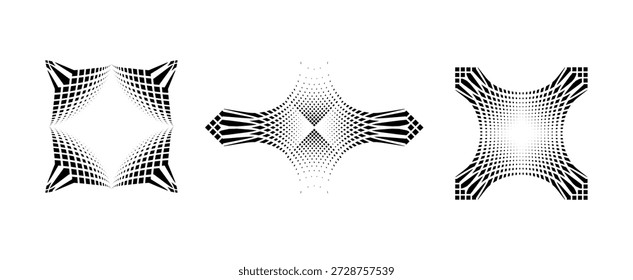 Abstractas marcos de rejilla deformados con distorsión de semitono: juego de Vectores geométricos en blanco y negro.