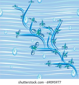 Abstract water background and branch with flowers on blue. Illustration