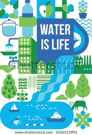 Abstract water background with nature elements. Ecosystem that carefully uses and consumes water resources. Ecological environmental concept