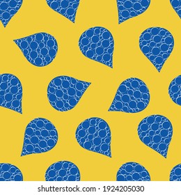 Abstract water drop and bubble vector seamless pattern background. Navy blue and yellow backdrop with large rain drops containing small bubbles. Marine themed repeat design. All over print for summer