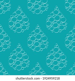 Abstract water drop and bubble vector seamless pattern background. Aqua blue and white backdrop with large rain drops containing small bubbles. Geometric repeat design. All over print for wellness