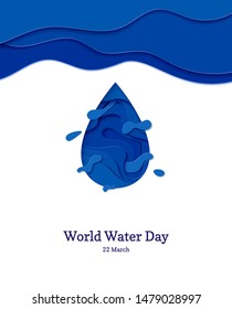 Cae agua abstracta al estilo de papel cortado. Planta de onda marina para guardar los afiches de la Tierra, Día Mundial del Agua, folletos ecológicos, logo. Ilustración del dispositivo de salpicadura azul vectorial