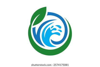 Abstract Water Drop Illustration with Swirling Waves Circular Logo with Leaves and Waves Land and Water Balance Design