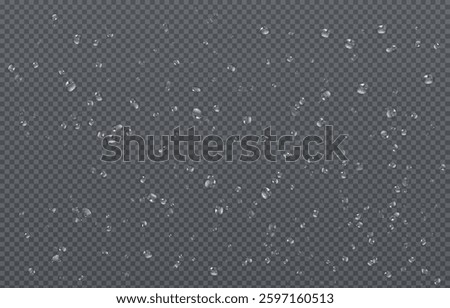 Abstract water droplets on a transparent background, designed in a vector style. Clean and realistic shapes with soft highlights create a sense of freshness and lightness. Perfect for designs related 