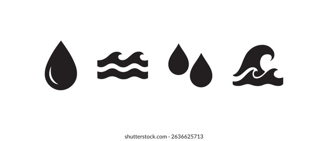 Abstract water icons: droplet wave patterns in minimalist black silhouettes.