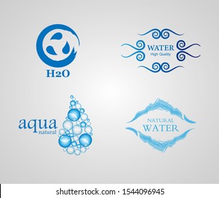 Abstract Water Label And Drop Logo. Vector Set Isolated On Gray Background. Clear Water Drop Icon. Flat Aqua Logo, Seal, Drink Logo And Bottle Label Design. Drinking Water Label Concept