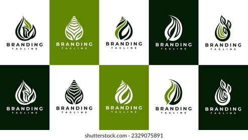 Abstract water leaf logo design set. Modern natural plant water logo branding.