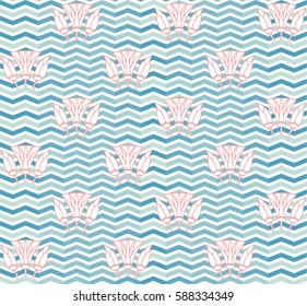Abstract water lilies seamless pattern wallpaper vector with zig zag waves in blue, green, pink and white colors
