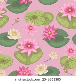 Abstract water lily seamless pattern. Floral ornament with lotus flowers. Vector botanical design.
