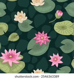 Abstract water lily seamless pattern. Floral ornament with lotus flowers. Vector botanical design.