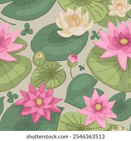Abstract water lily seamless pattern. Floral ornament with lotus flowers. Vector botanical design.
