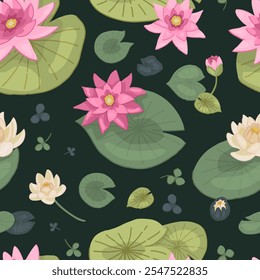 Abstract water lily seamless pattern. Floral ornament with lotus flowers. Vector botanical design.