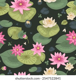 Abstract water lily seamless pattern. Floral ornament with lotus flowers. Vector botanical design.