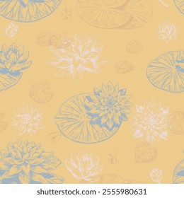 Abstract water lily seamless pattern. Floral ornament with lotus flowers. Vector botanical design retro style.