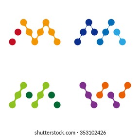 Abstract water molecule vector logo template. "M", "W" letters icon set. You can use in biotechnology, environmental protection, water and electricity equipment, computer medical science concept icon.